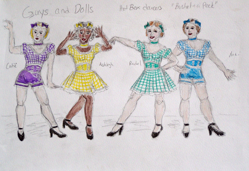 Bushel and a Peck Hot Box Dancers rendering from Guys and Dolls, costume design by Katharine Tarkulich