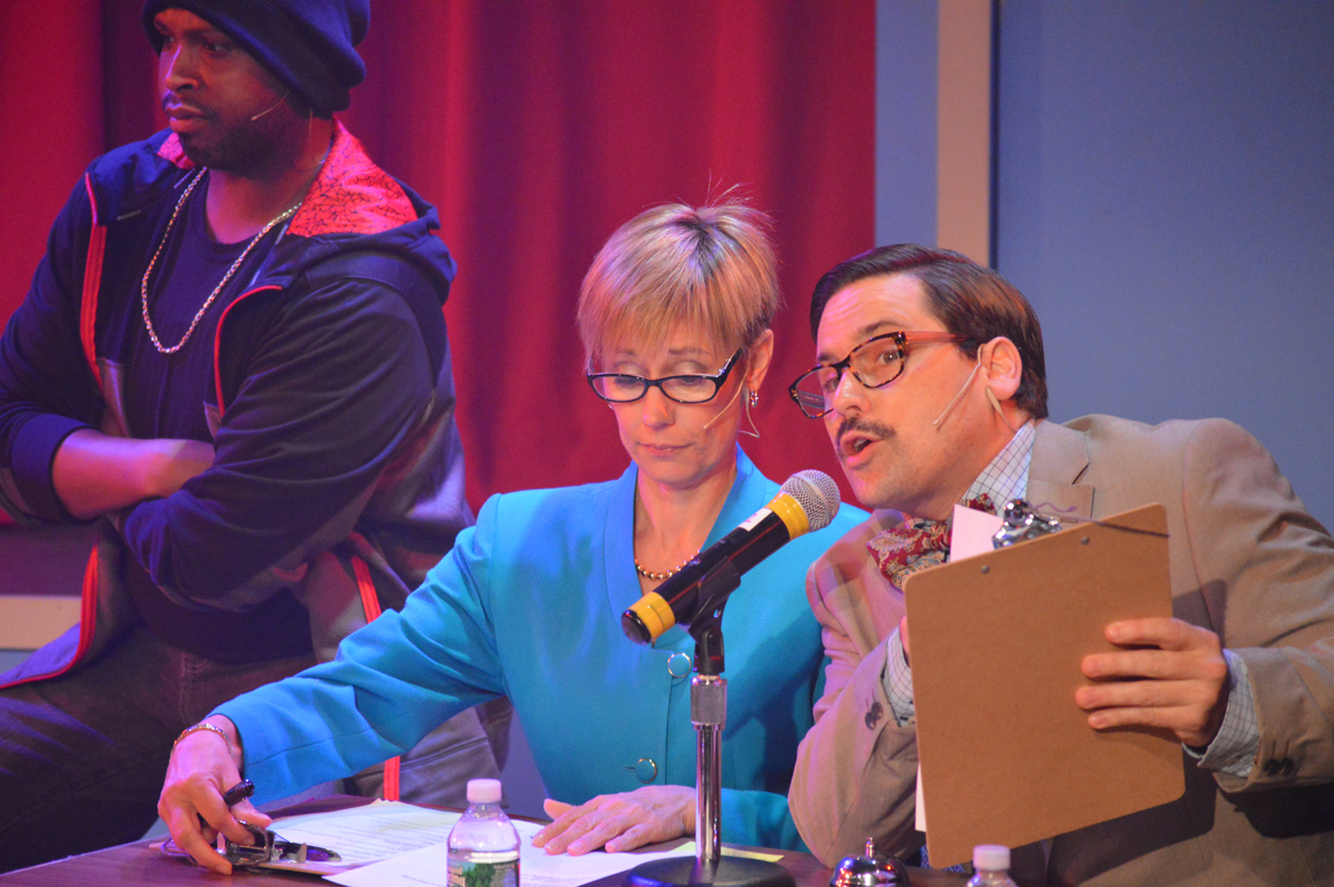 MItch Mahoney, Rona Lisa Peretti, and Vice Principal Douglas Panch in The 25th Annual Putnam County Spelling Bee, costume design by Katharine Tarkulich