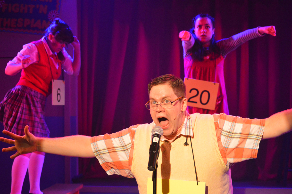 Marcy Park, William Morris Barfée, and Olive Ostrovsky in The 25th Annual Putnam County Spelling Bee, costume design by Katharine Tarkulich