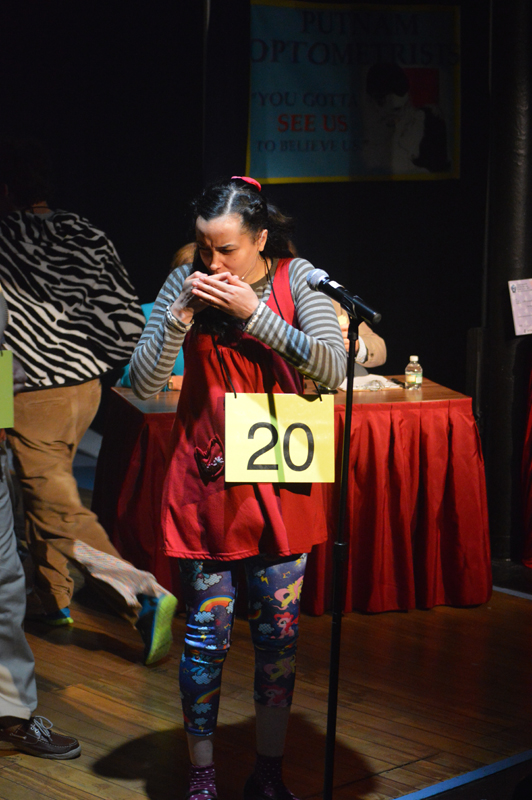 Olive Ostrovsky whispers to herself in The 25th Annual Putnam County Spelling Bee, costume design by Katharine Tarkulich