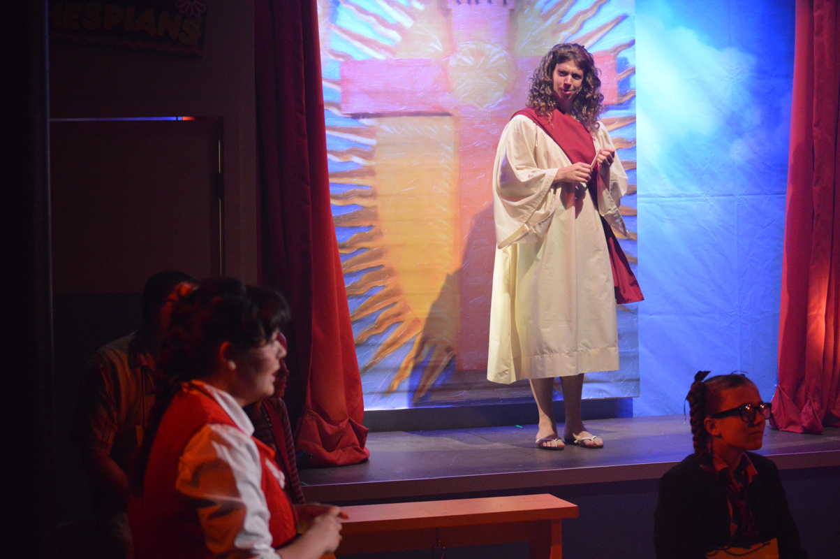 Marcy Park talks with Gay Jesus in The 25th Annual Putnam County Spelling Bee, costume design by Katharine Tarkulich