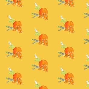 light orange fabric with full and sliced orange, peppermint  leaves, and rosemary sprig