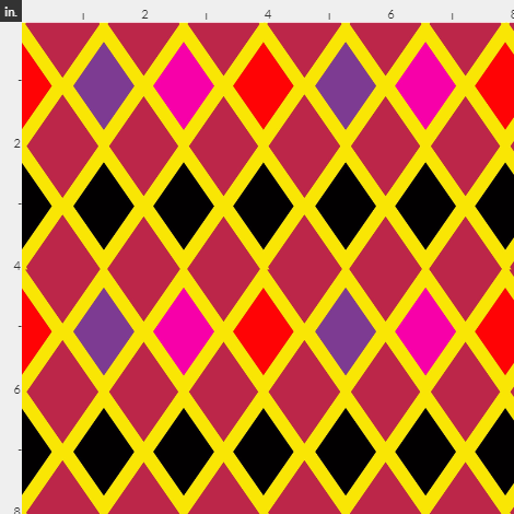 Mauve, black, red, pink, and purple diamond fabric with yellow outline