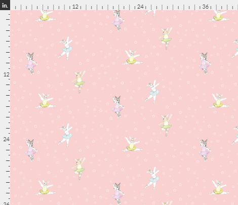 Pink fabric with illustrated ballerina bunnies wearing tutus and crowns and white stars in the background