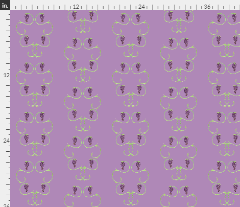 light purple fabric with dark purple grapes in geometric pattern and green vines